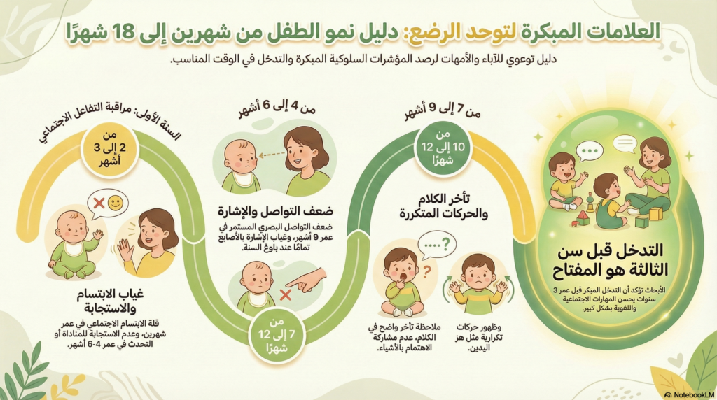 انفوجراف يوضع اعراض التوحد عند الرضع بالصور ومراحل التشخيص المبكرة