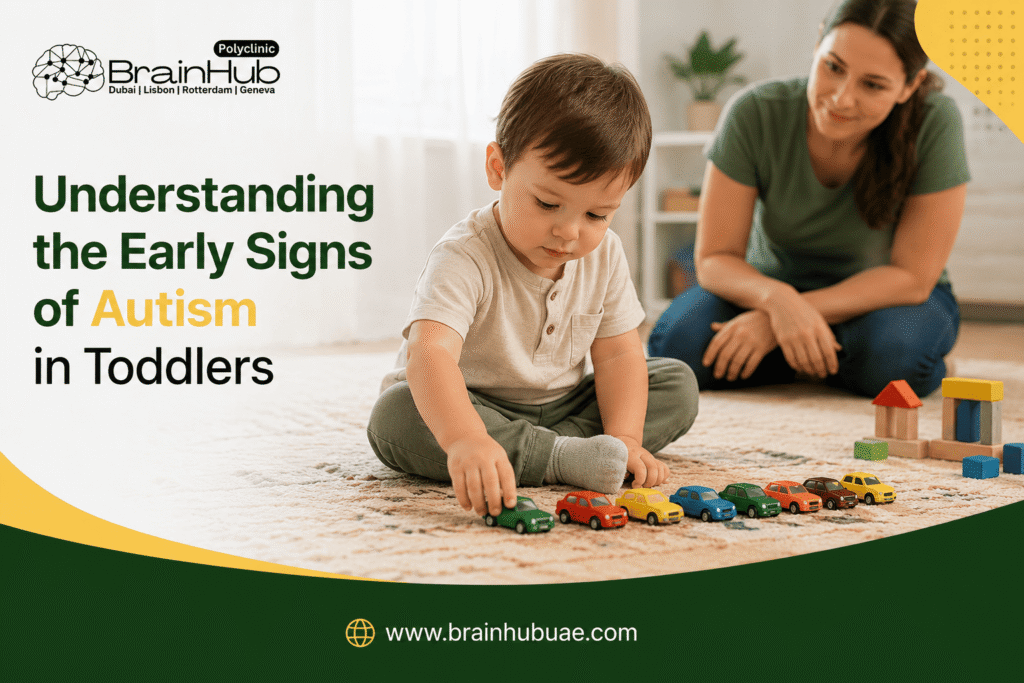 Toddler lining up toy cars in a neat row while a parent observes, illustrating early signs of autism in toddlers